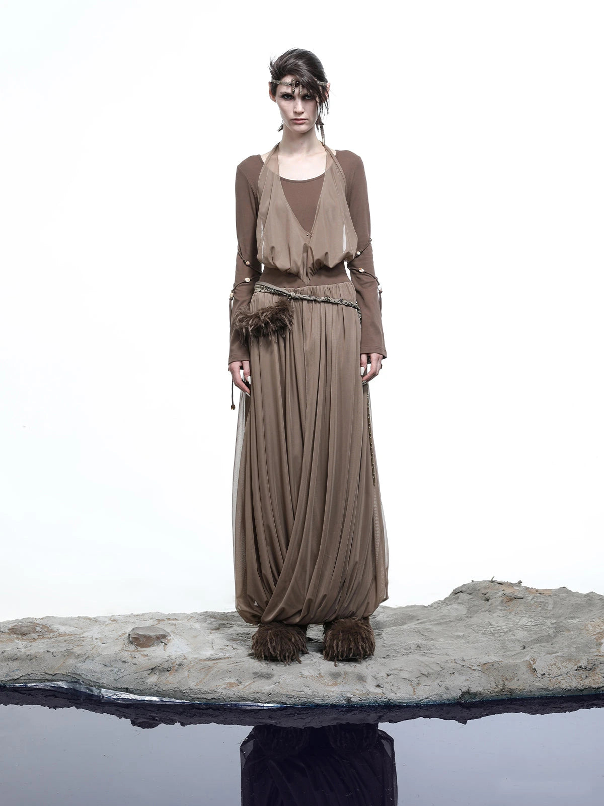 High Neck Mesh Paneled Beaded Maxi Dress with Mock Two Piece Design