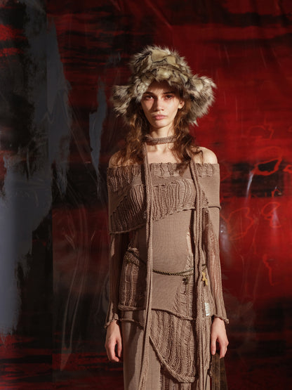 NN NORTH NODE One Shoulder Knit Set with Asymmetrical Neckline and Distressed Detailing