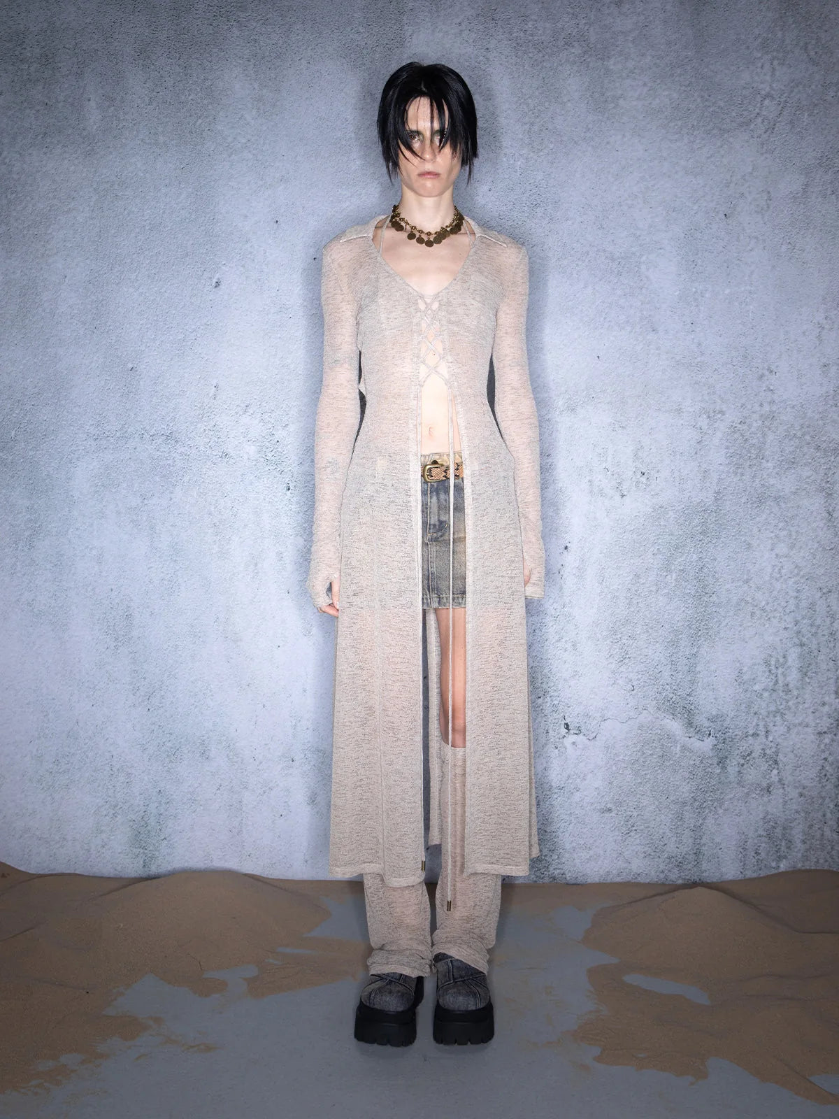 Luminous Veil Lightweight Long Knit Cardigan With Tie Front