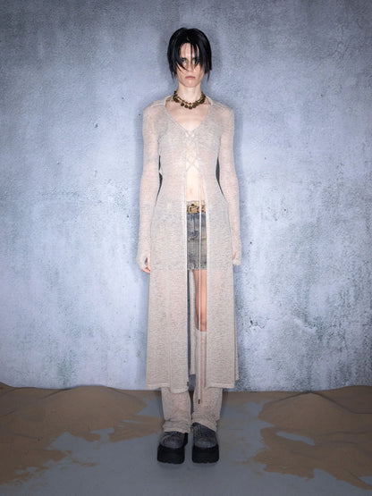 Luminous Veil Lightweight Long Knit Cardigan With Tie Front