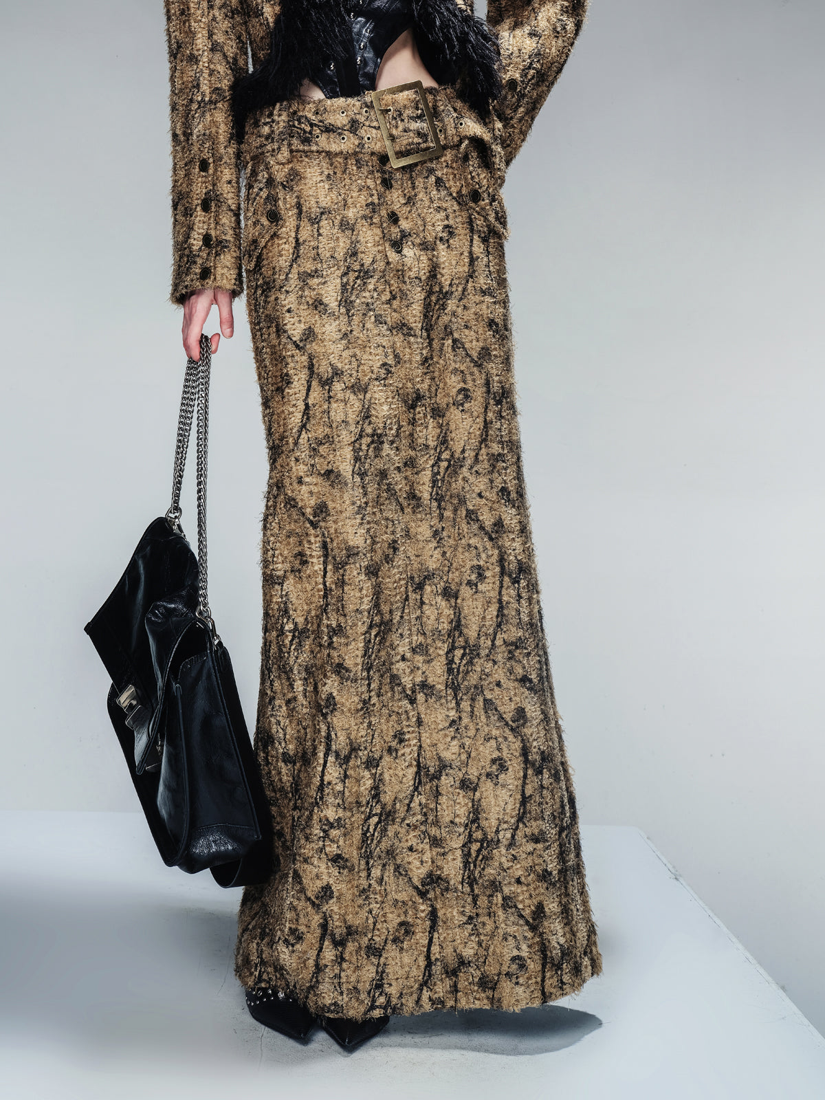 NN NORTH NODE Dry Leaf Print Tweed Suit Set V-Neck T-Shirt Long-Sleeve