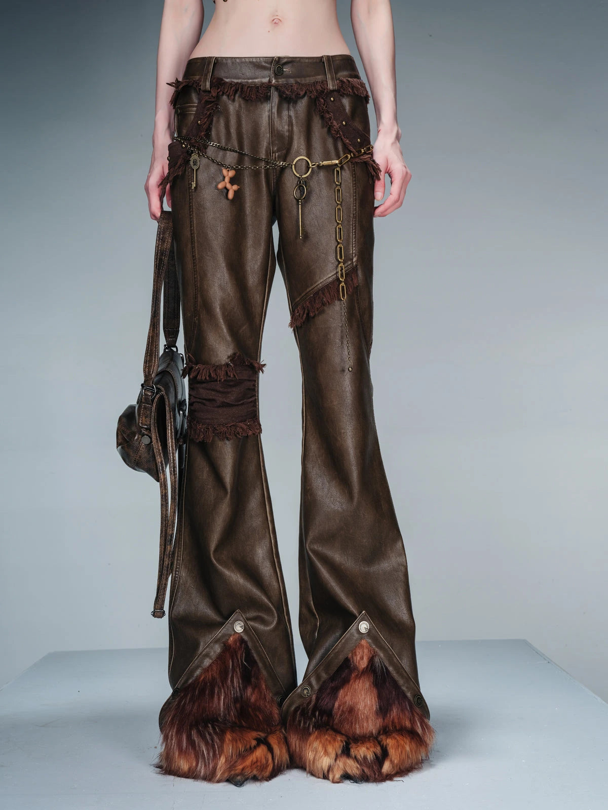 Frayed Hem Flared Leather Pants with Detachable Fur Trim
