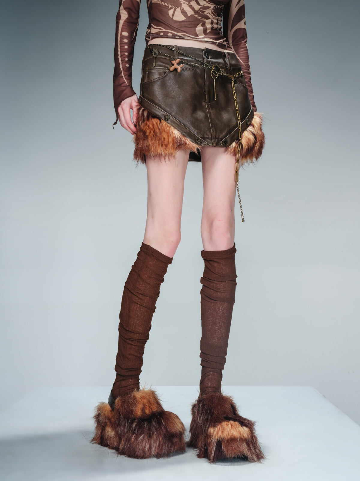 NN NORTH NODE Alternating Border Washed Leather Patchwork Shearling Skirt