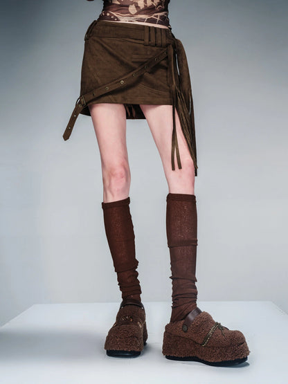 Fringed Suspender Mini Skirt With Flowy Tassel Waist