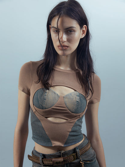 UpdateNN NORTH NODE Washed Denim Cut Out Cropped Tee
