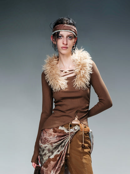 NN NORTH NODE Detachable Fur Collar Knit Top With Asymmetric Hem