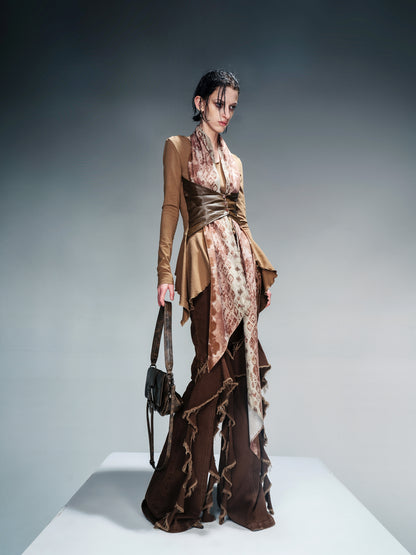 NN NORTH NODE Knit Blouse With Detachable Printed Scarf And Leather Accents