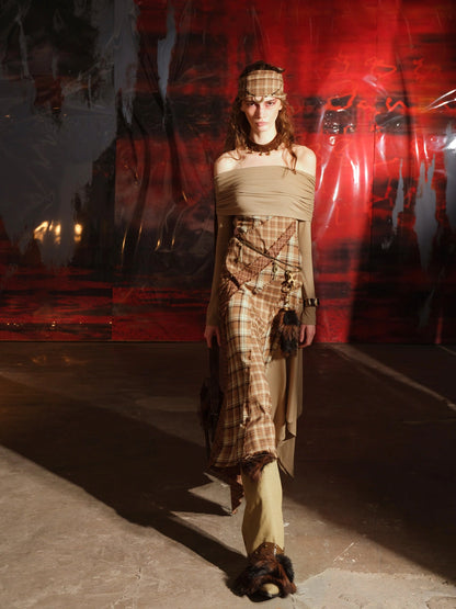Patchwork Plaid Off Shoulder Dress With Detachable Scarf