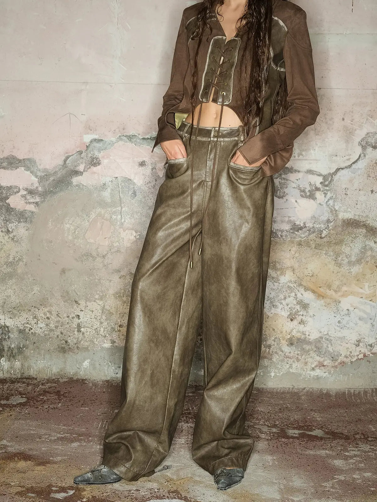 Straight Leg Faded Wide Cuff Leather Pants