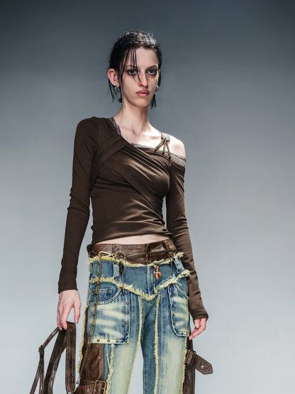 NN NORTH NODE Asymmetric Neckline Ribbed Stretch Top V-neck T-shirt Long Sleeve