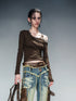 NN NORTH NODE Asymmetric Neckline Ribbed Stretch Top V-neck T-shirt Long Sleeve