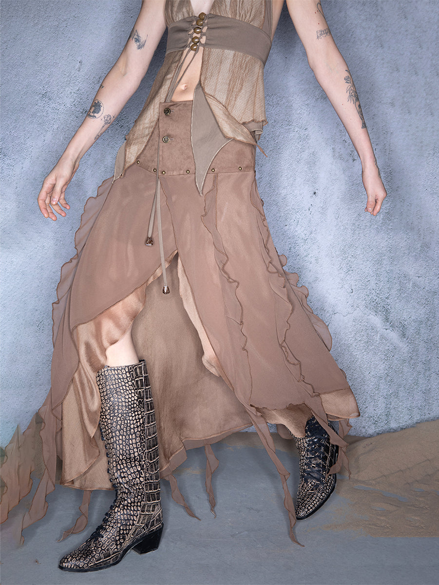 UpdateNN NORTH NODE Layered Chiffon Asymmetric Hem Skirt With Ruffles
