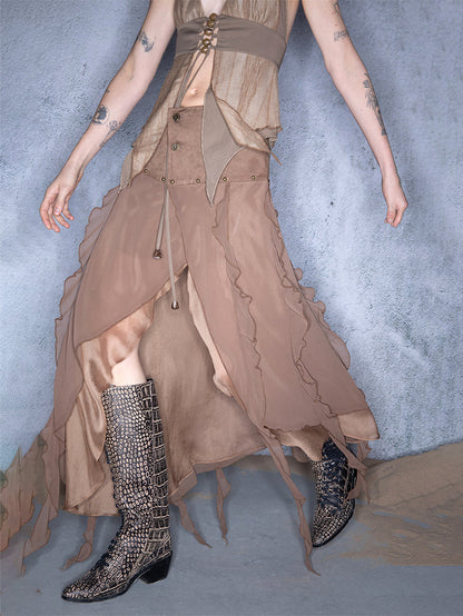 UpdateNN NORTH NODE Layered Chiffon Asymmetric Hem Skirt With Ruffles