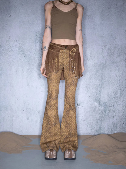 Fringed Bohemian Print Flared Trousers