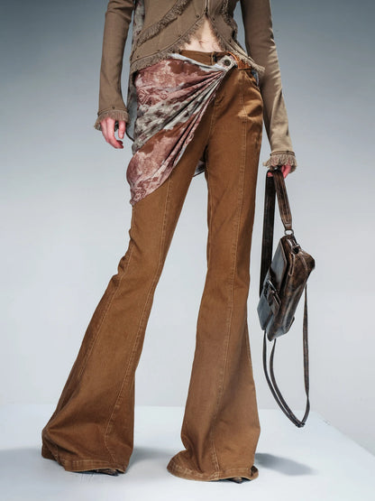 Stretch Denim Flare Pants With Detachable Printed Scarf