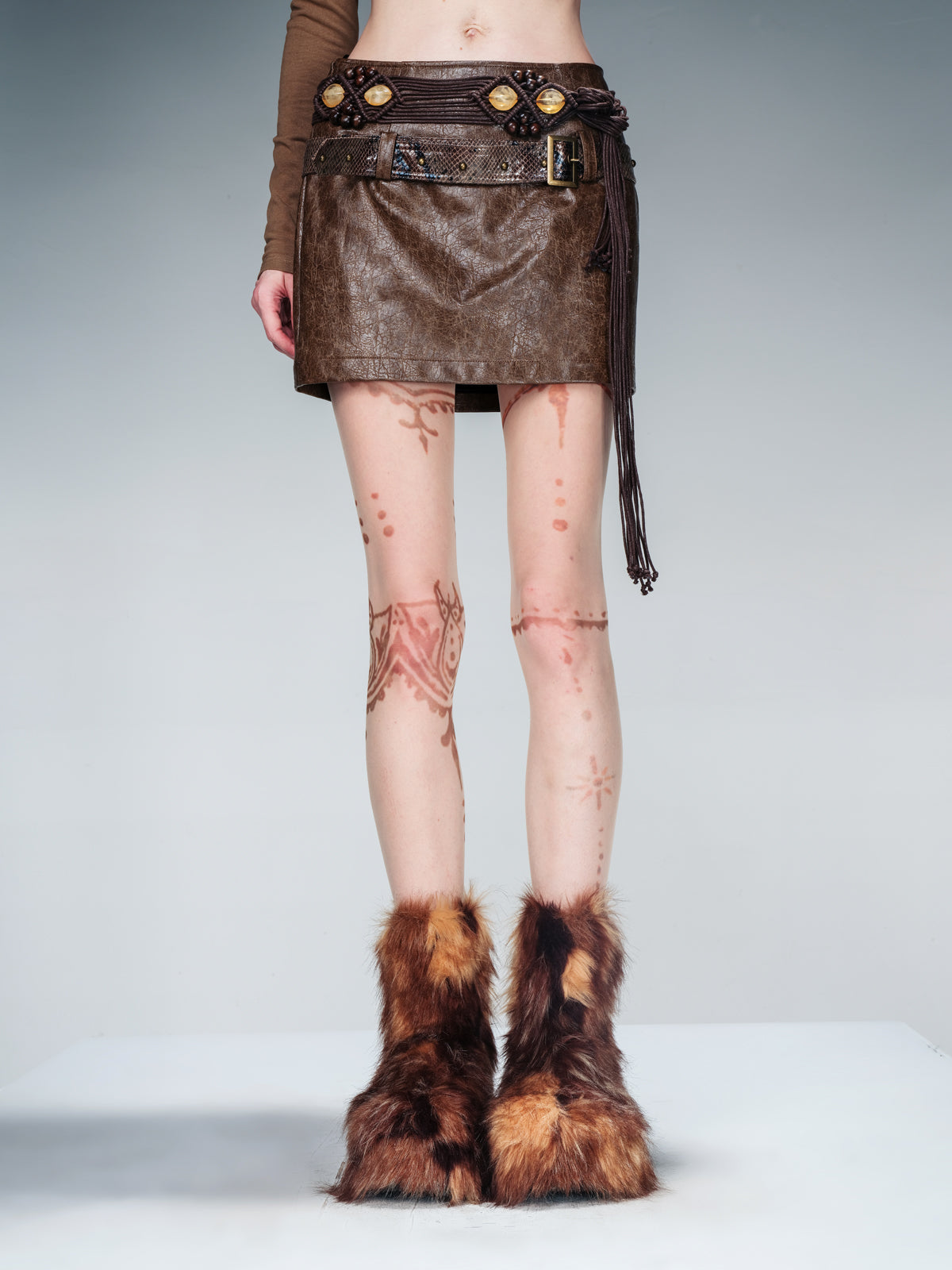 NN NORTH NODE Snake Textured Double Belt Fringe Leather Skirt With Waistchain