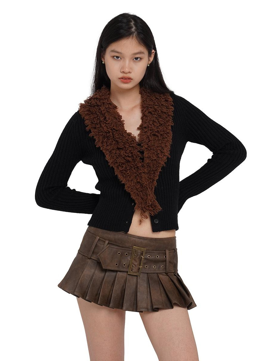 Color Block Fringe Faux Fur Collar Fitted Knit Cardigan