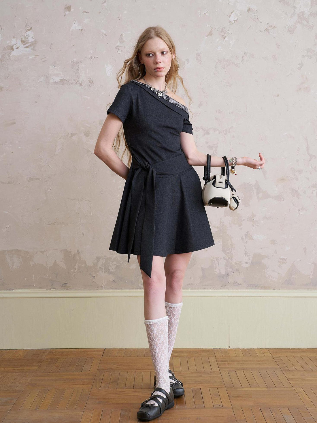 DIDDI MODA Color Block Asymmetric Tie Waist Dress