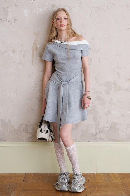 DIDDI MODA Color Block Asymmetric Tie Waist Dress