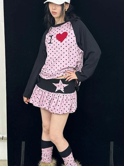 Color Block Raglan Long Sleeve Dot Print I Love T-Shirt