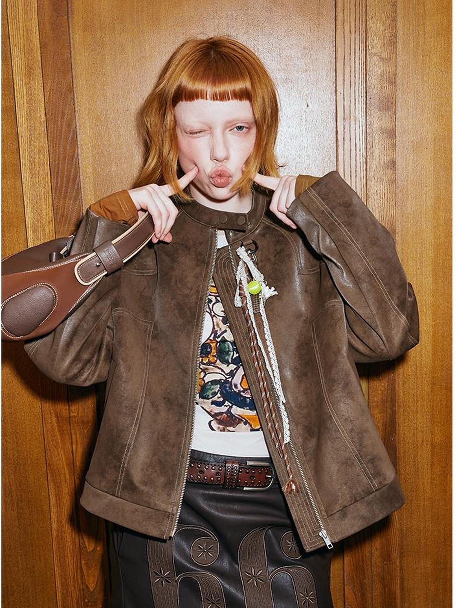 DIDDI MODA Colorblock Biker Jacket With Stitched PU Suede Detail