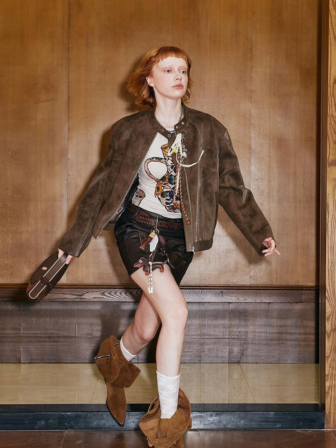 Colorblock Biker Jacket With Stitched PU Suede Detail