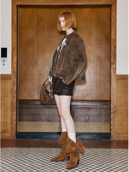 DIDDI MODA Colorblock Biker Jacket With Stitched PU Suede Detail