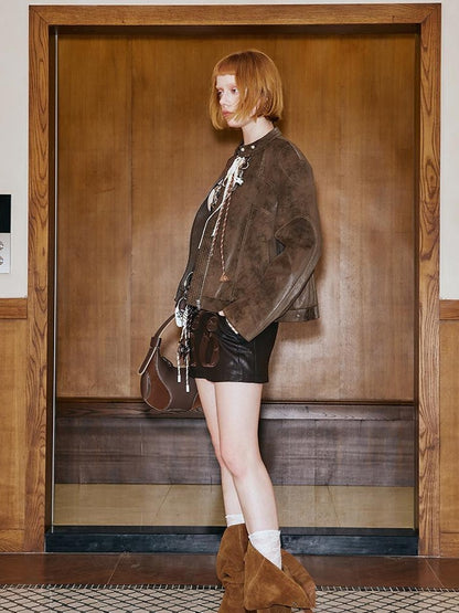 DIDDI MODA Colorblock Biker Jacket With Stitched PU Suede Detail