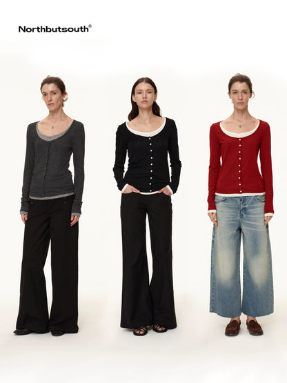 Colorblock Faux Layered U Neck Women&