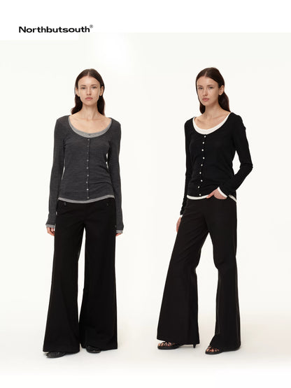 Colorblock Faux Layered U Neck Women&