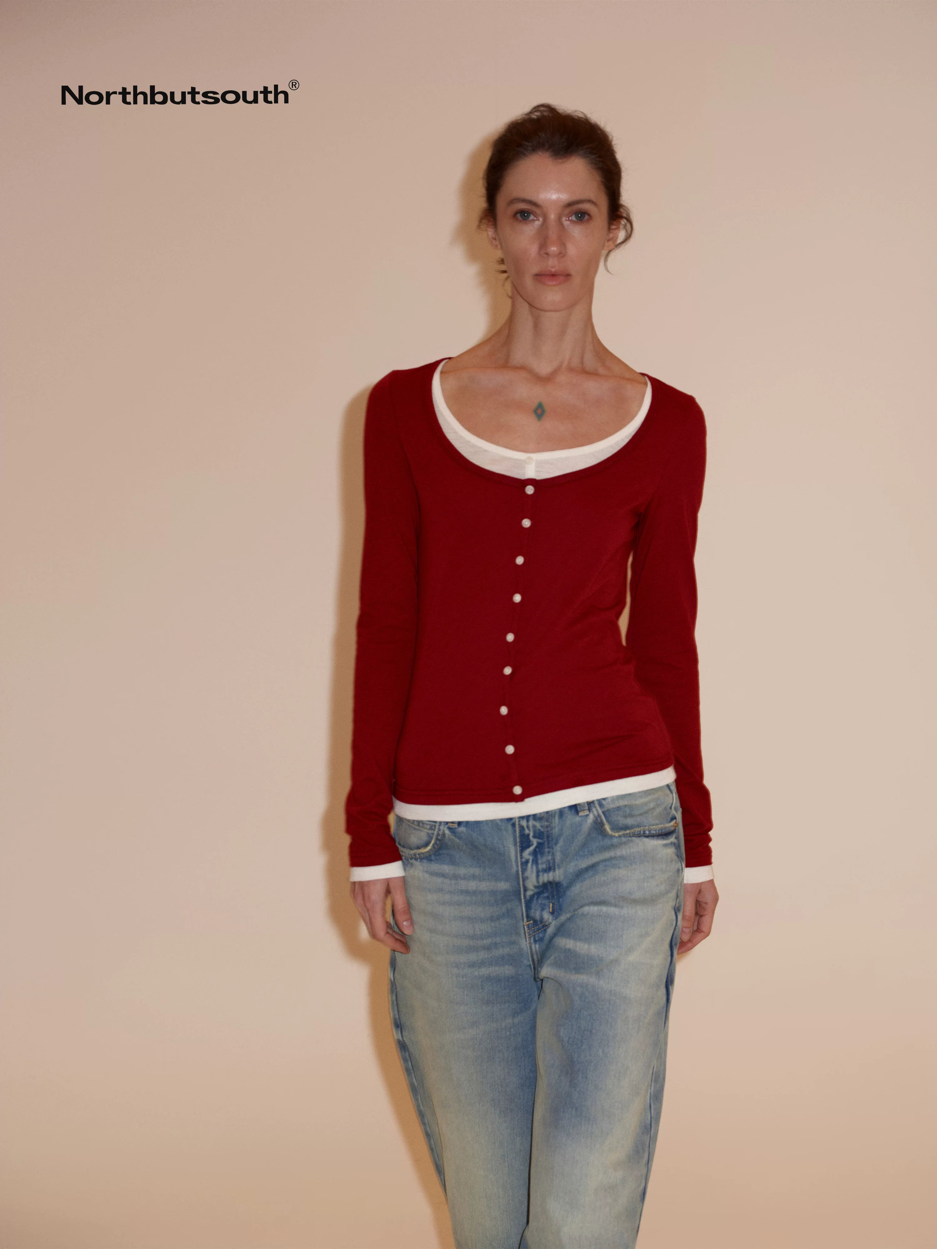 Colorblock Faux Layered U Neck Women&