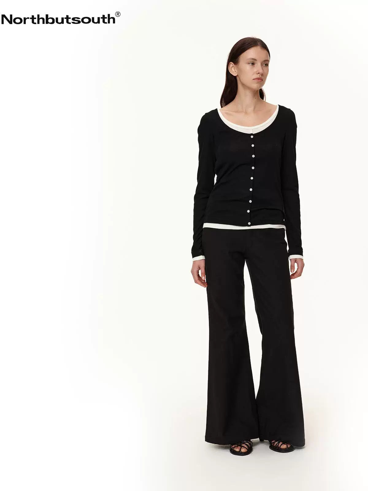 Colorblock Faux Layered U Neck Women&