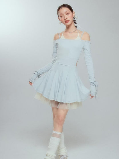 DIDDI MODA Colorblock Halter Ballet Dress With Lace Up Cutout Detail