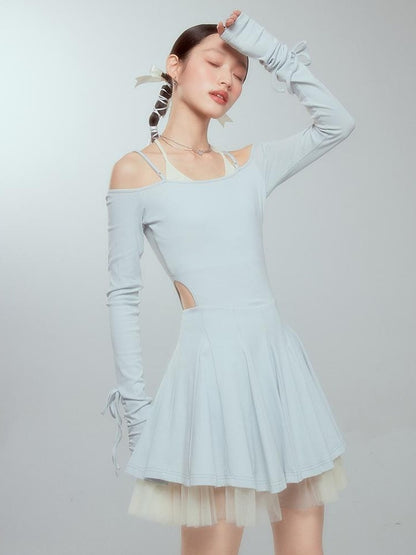 DIDDI MODA Colorblock Halter Ballet Dress With Lace Up Cutout Detail