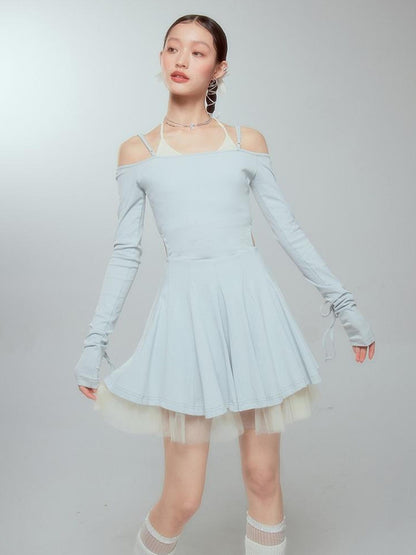 DIDDI MODA Colorblock Halter Ballet Dress With Lace Up Cutout Detail