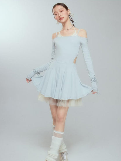 DIDDI MODA Colorblock Halter Ballet Dress With Lace Up Cutout Detail