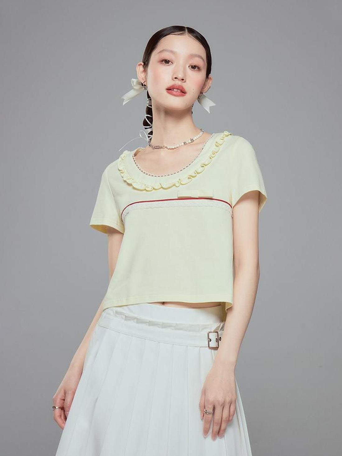 DIDDI MODA Colorblock Lace Collar Knit Crop Tee