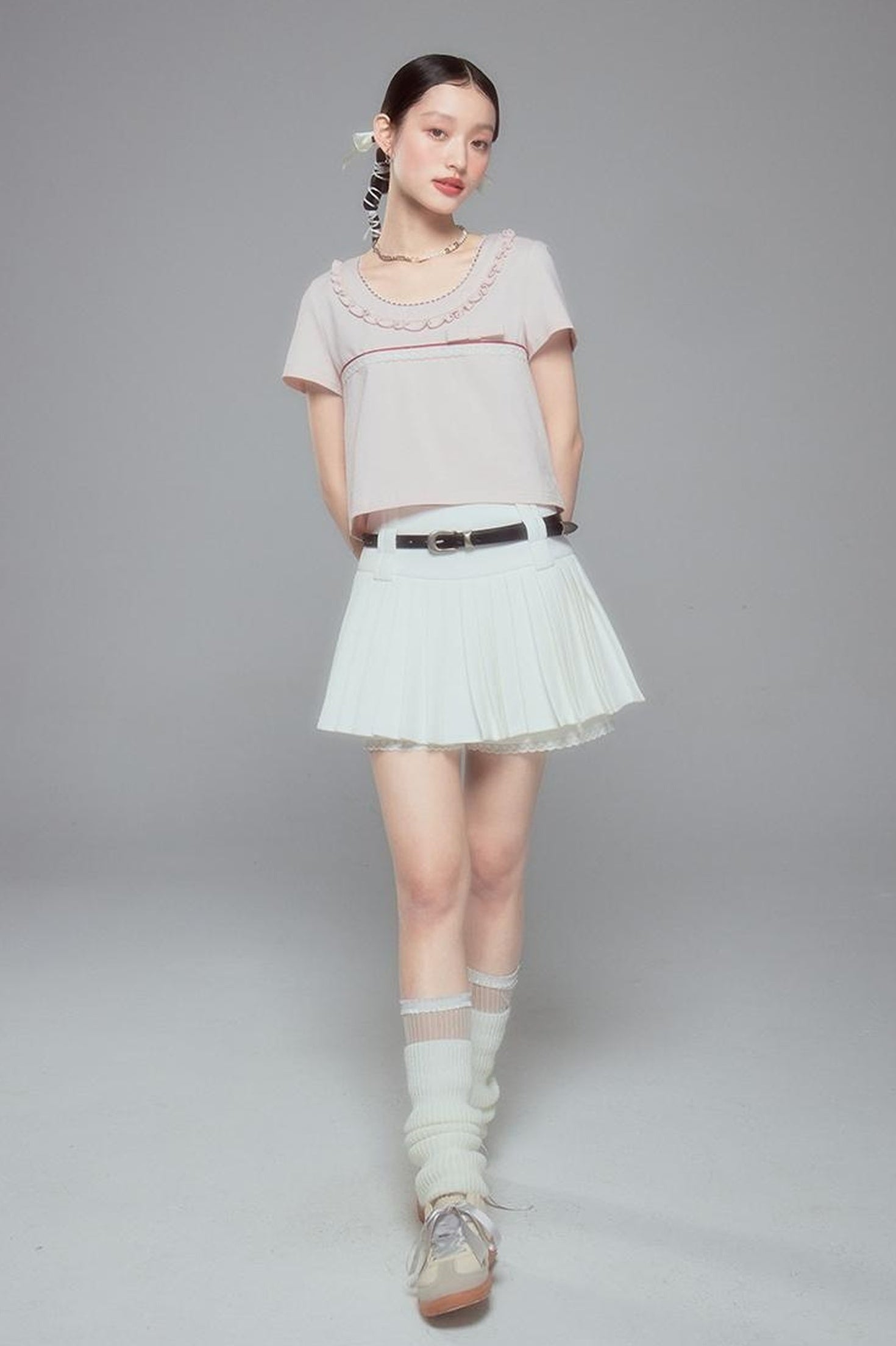 DIDDI MODA Colorblock Lace Collar Knit Crop Tee