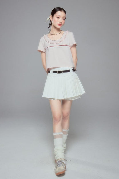 DIDDI MODA Colorblock Lace Collar Knit Crop Tee