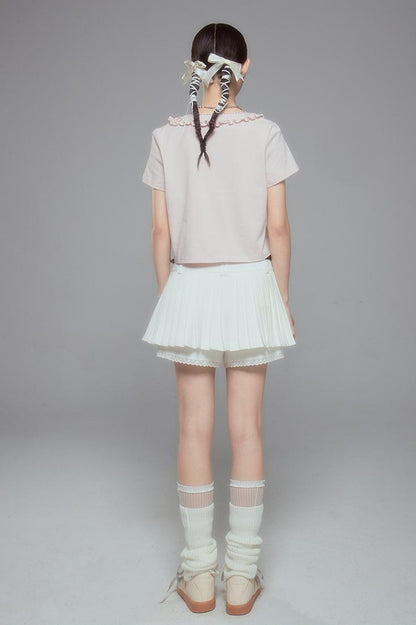 DIDDI MODA Colorblock Lace Collar Knit Crop Tee
