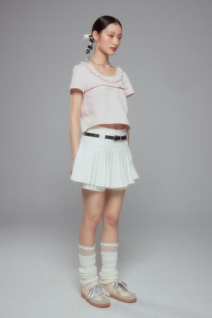 DIDDI MODA Colorblock Lace Collar Knit Crop Tee