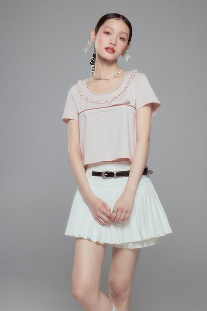DIDDI MODA Colorblock Lace Collar Knit Crop Tee
