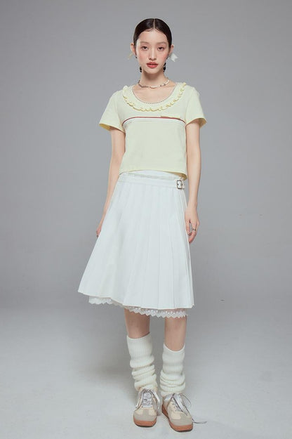 DIDDI MODA Colorblock Lace Collar Knit Crop Tee