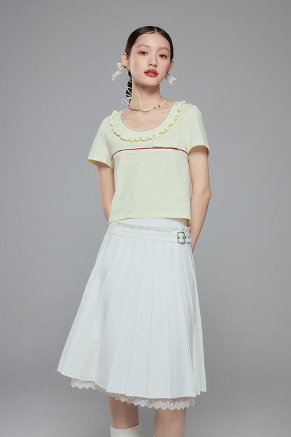DIDDI MODA Colorblock Lace Collar Knit Crop Tee