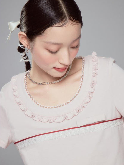 DIDDI MODA Colorblock Lace Collar Knit Crop Tee