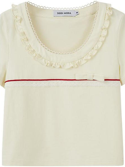 DIDDI MODA Colorblock Lace Collar Knit Crop Tee