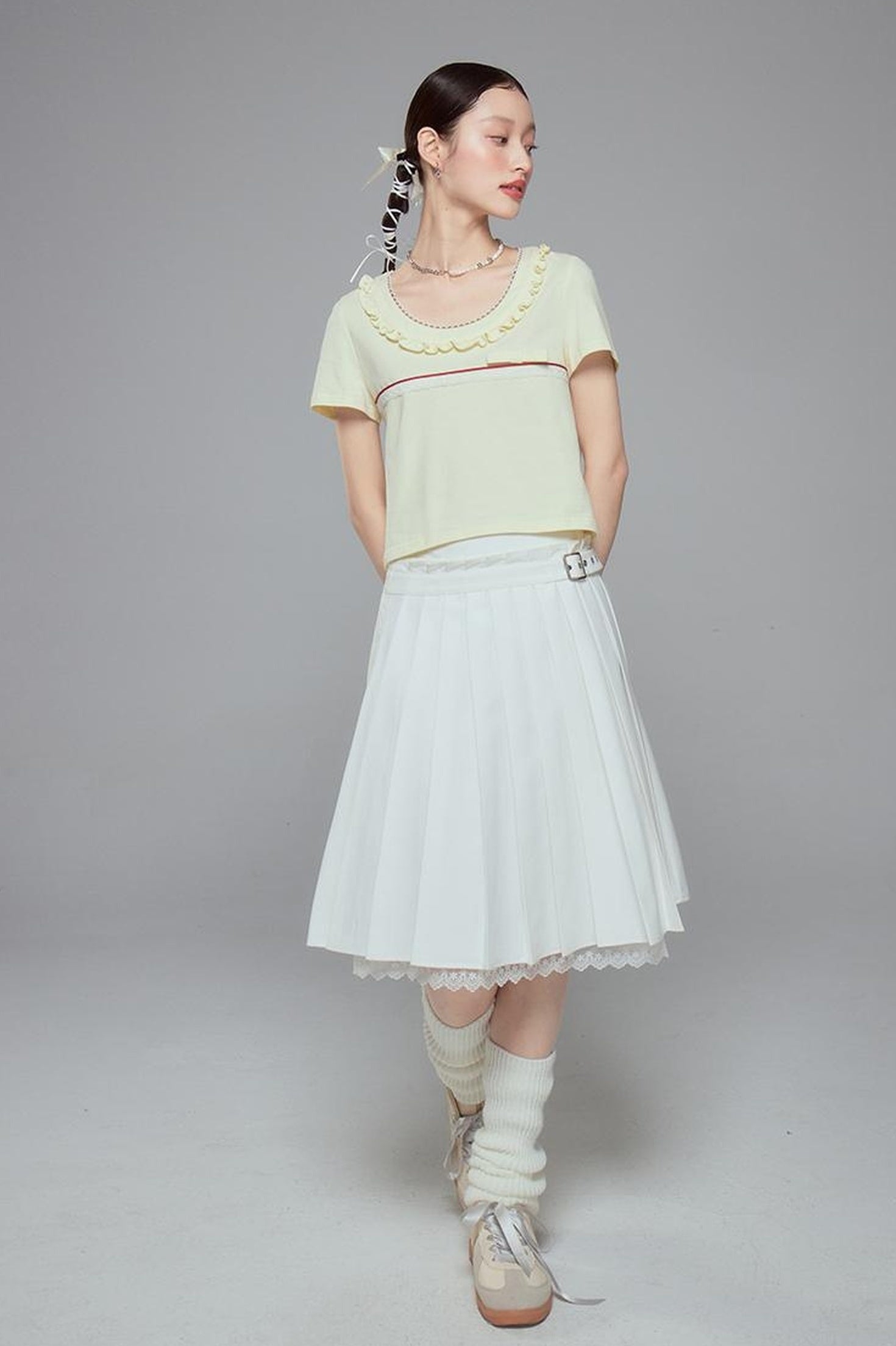 DIDDI MODA Colorblock Lace Collar Knit Crop Tee