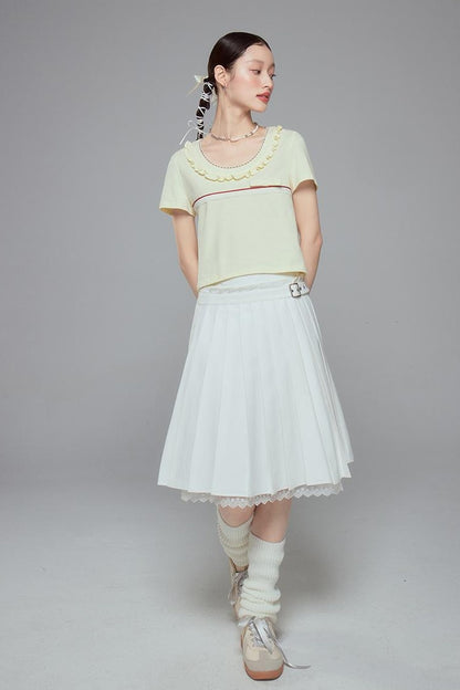 DIDDI MODA Colorblock Lace Collar Knit Crop Tee