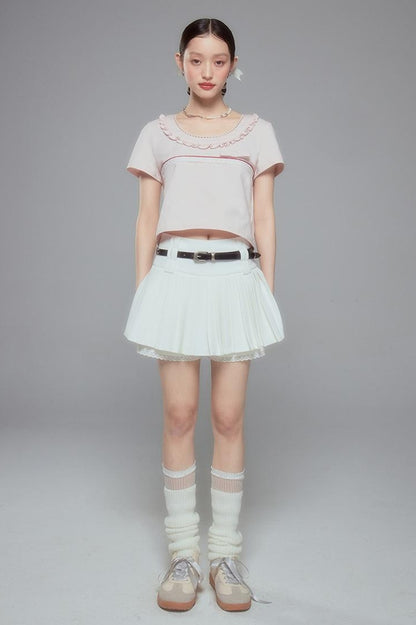 DIDDI MODA Colorblock Lace Collar Knit Crop Tee