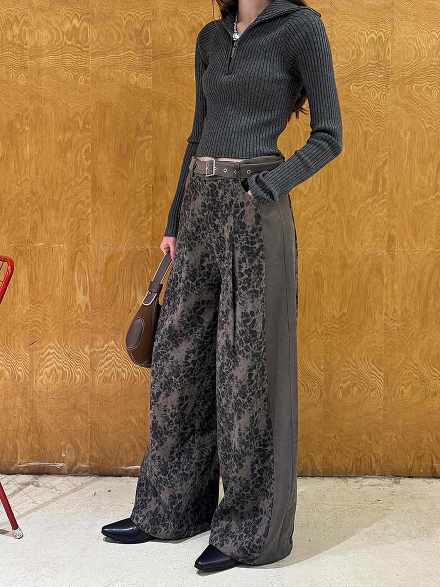 DIDDI MODA Colorblock Leopard Print Wide Leg Pants